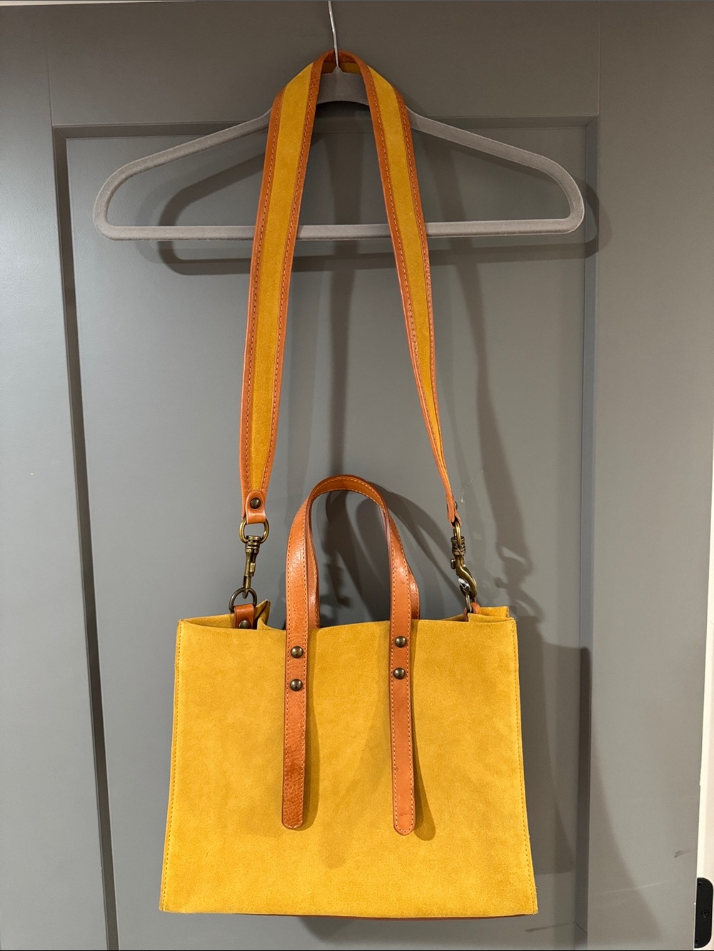 Women’s Yellow Suede Tote with Tan Leather Straps